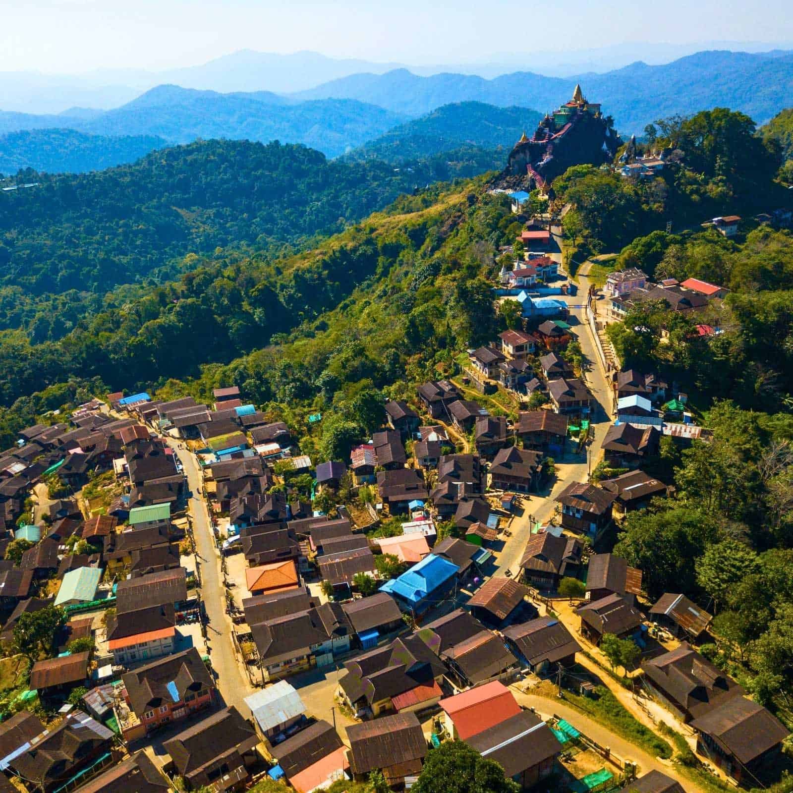 Aerial View of Houses on Mountain, Mogok, Myanmar